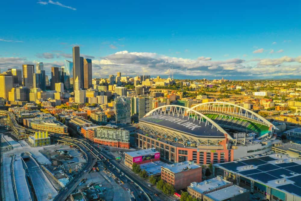Aerial drone footage of Seattle Centurylink Field football and soccer