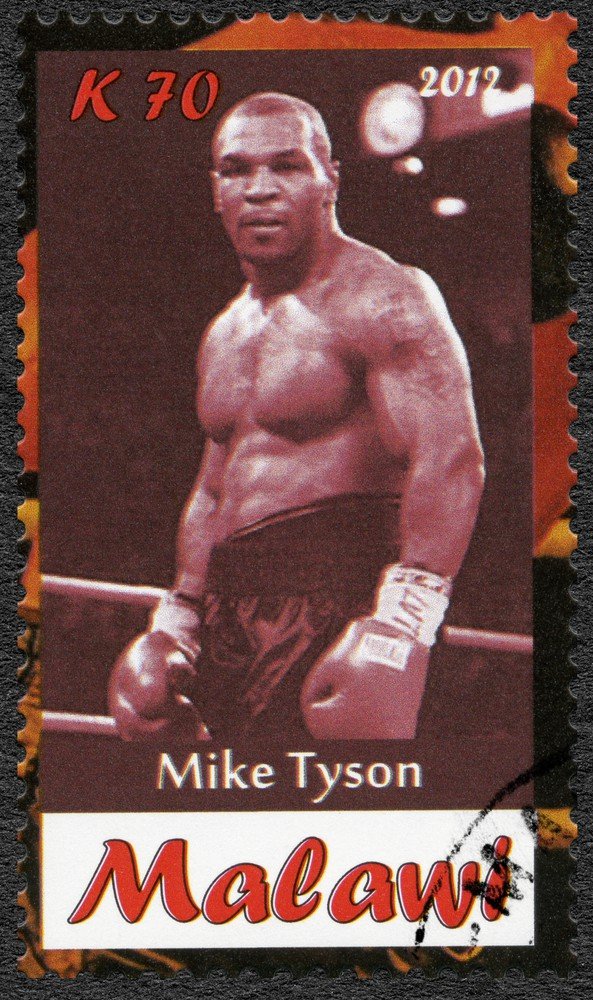 A stamp printed in Malawi shows Mike Tyson