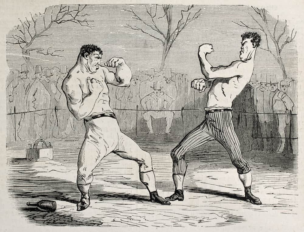 Antique humorous illustration of a boxing match, Paris, 1860