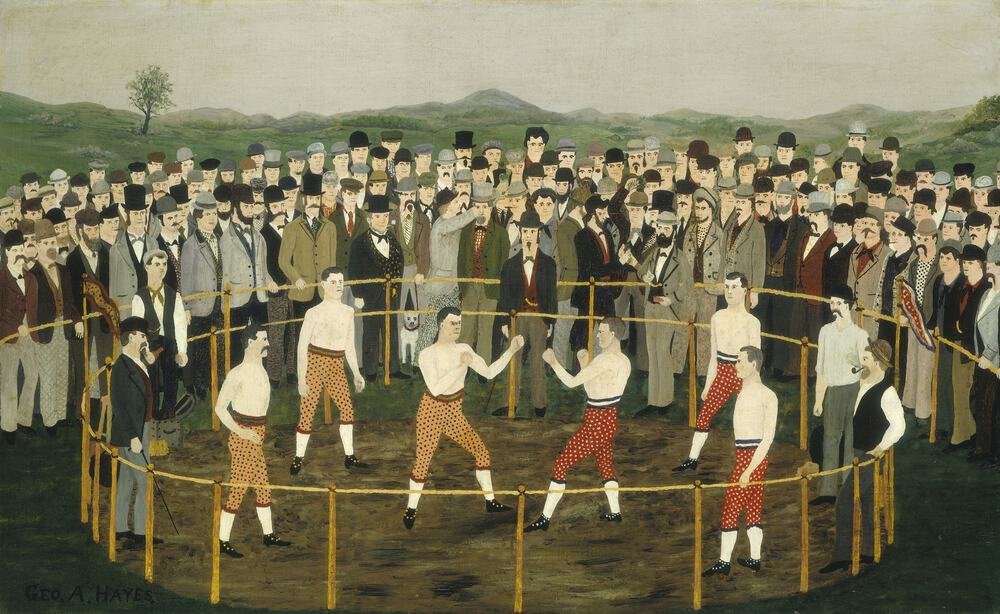 This painting probably commemorates a boxing match, which is dated by the style of cloth