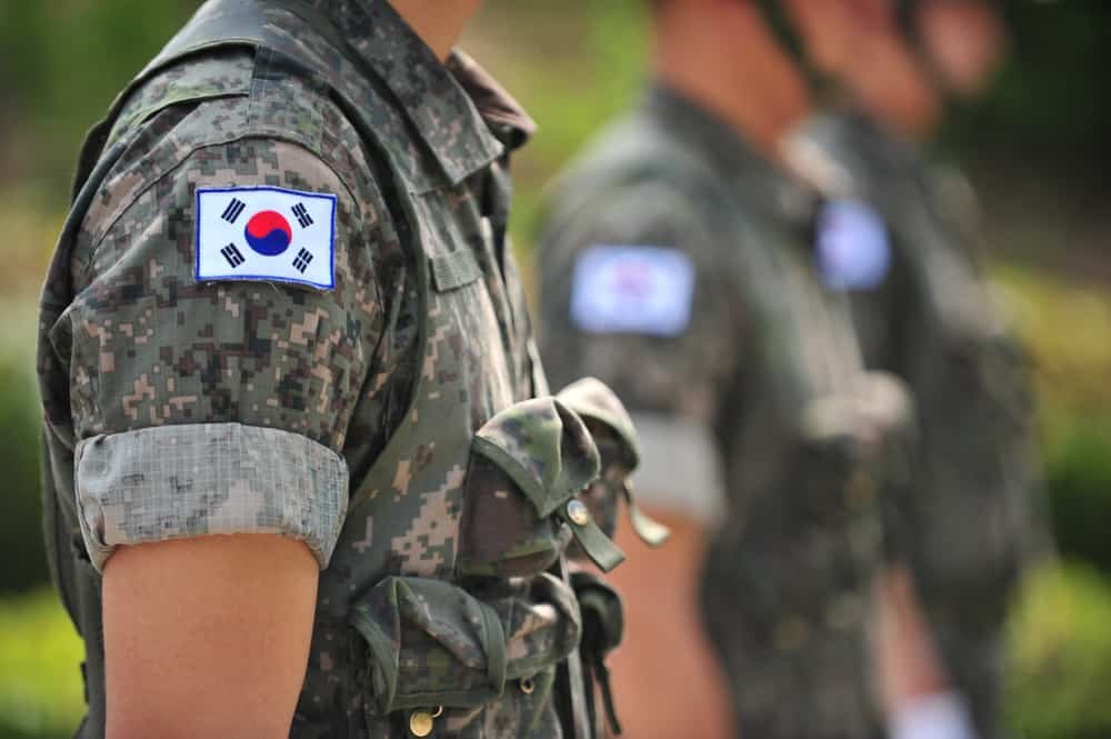 The Korean national flags attached to Korean army uniforms taekwondo